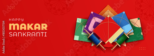 makar sankranti festival banner design with kites and latai on red background