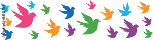 Colorful flying birds illustration symbolizing freedom, peace, nature, diversity, harmony, hope, joyful movement, and modern minimalist decorative design concept