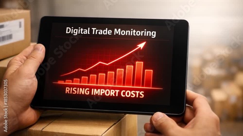 Import Tariffs policy impact concept. Digital trade monitoring on a tablet with rising import costs graphic.