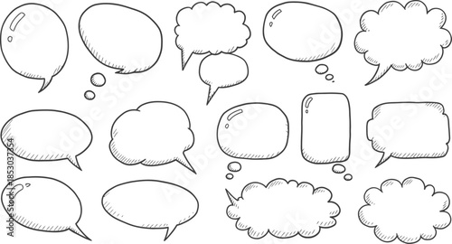 Collection of hand drawn speech bubbles and thought bubbles in various shapes and styles