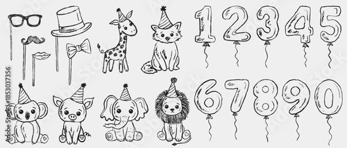 Hand drawn party animals, props, and number balloons with heart and star, perfect for kids birthday or festive designs. Vector sketch illustration in vintage crayon charcoal style. Baby shower