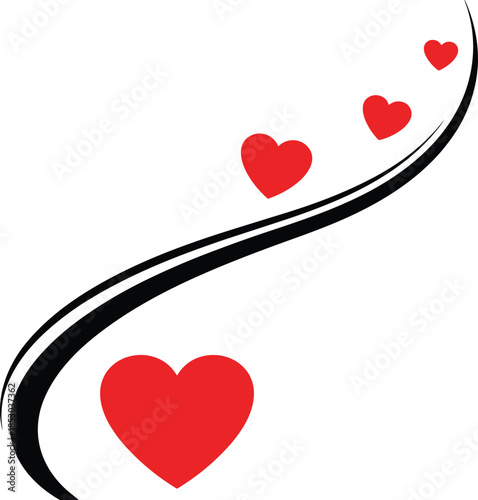 Abstract love heart illustration, romantic red hearts with flowing curve, minimal design symbolizing romance, passion, connection, valentine concept on white background