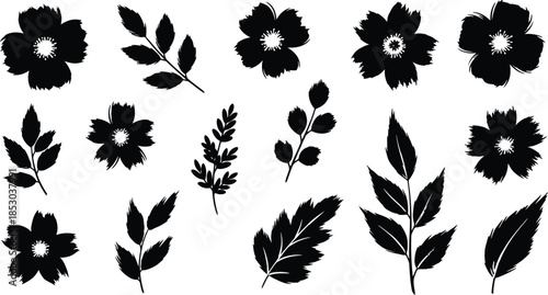 Flower brush hand drawn vector set. Hand drawn doodle flower, floral leaf elements in brush stroke ink style. Simple abstract botanical silhouette set for nature black paint art.