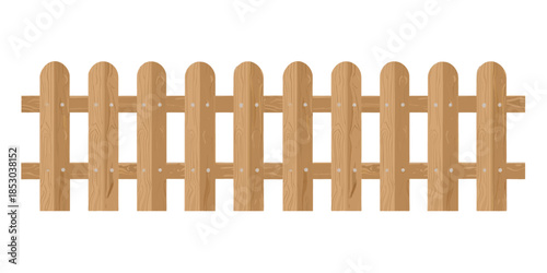 A cartoon illustration of a wooden picket fence, featuring light brown vertical planks with rounded tops and visible wood grain, connected by two horizontal rails with small nails.