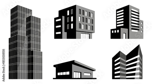 Modern building silhouettes architectural design concepts on black background
