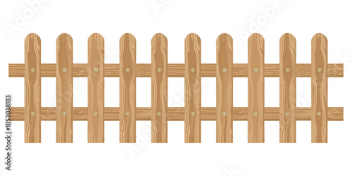 A clean, stylized digital drawing of a rustic wooden paling fence. Vertical wood planks with visible texture and rounded ends are nailed to upper and lower crossbeams. The background is pure white.