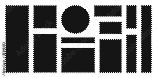 Minimalist Black postage stamp frame set with zigzag edge or Different set of rectangle and square postage frames vector illustration