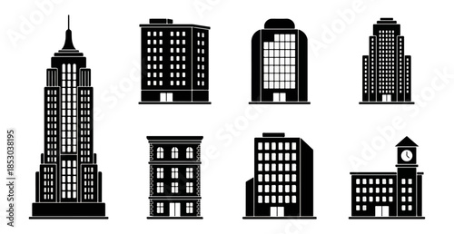 Urban architecture silhouettes modern city buildings isolated black background