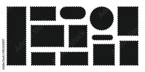 Minimalist Black postage stamp frame set with zigzag edge or Different set of rectangle and square postage frames vector illustration