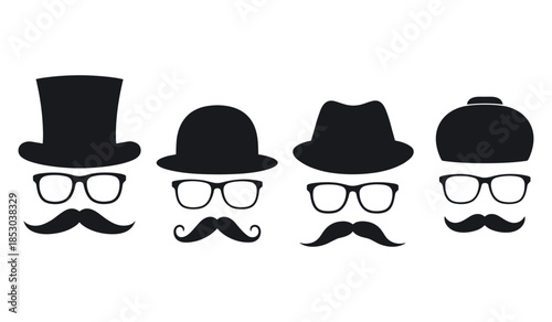 Collection of different hats and moustaches on faces with glasses hat, moustache, glasses, face, top hat, bowler hat
