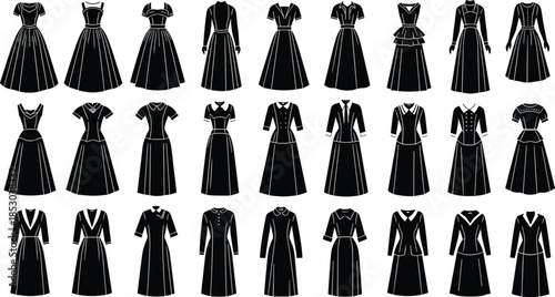 Vector silhouette collection of vintage dresses showcasing retro fashion styles, classic clothing designs, elegant outfits, and historical costume inspiration.