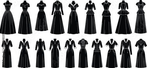Vintage dress silhouette vector set featuring classic fashion styles, retro clothing designs, formal wear, and historical costume inspiration.
