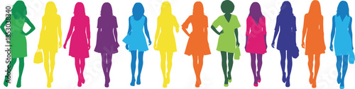 Colorful women silhouette lineup illustration representing diversity, fashion, femininity, confidence, individuality, modern lifestyle, style expression, and inclusive female identity concept