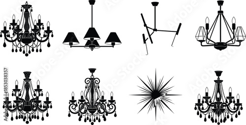 Silhouette vector of chandelier and pendant light designs for interior decoration, home lighting, vintage fixtures, and modern ceiling decor.