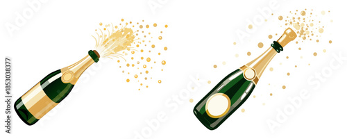 Celebratory dark‑green champagne bottle with gold neck, round emblem, and cork popping, spraying champagne and golden bubbles in a semicircle on white, vector style.