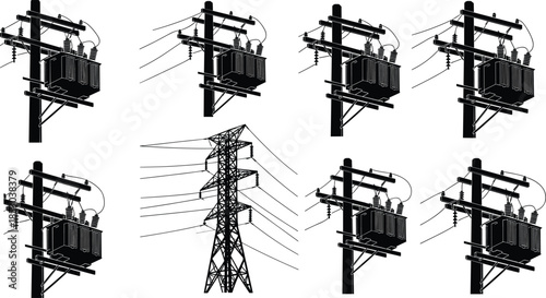 Vector illustration of electrical utility poles and transmission tower with transformers, insulators, and power lines for energy distribution systems.