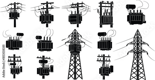 Silhouette vector of electrical transformers and transmission towers for power grid, energy infrastructure, utility systems, and industrial design reference.