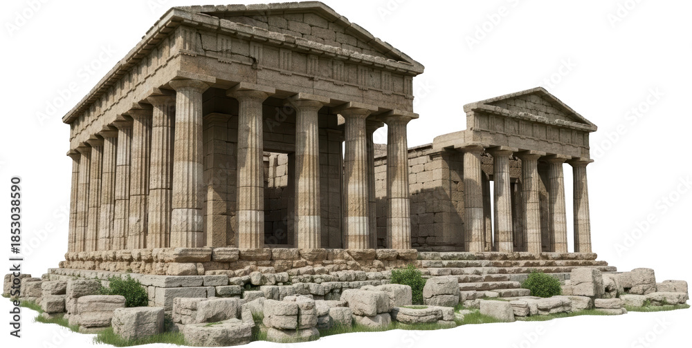 Fototapeta premium Ancient weathered Greek or Roman temple ruins stand with towering fluted columns and stone pediments upon a rubble strewn base with small patches of green grass Architecture Historic
