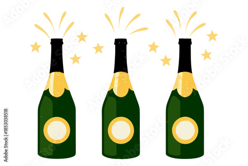 Festive illustration of three dark green and gold champagne bottles on a light blue surface one bursting with stars, the center capped, and the right spraying foam.