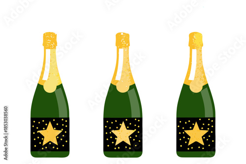 Flat cartoon of three green champagne bottles with gold necks and starry black labels in shallow blue liquid left spraying champagne and stars, middle sealed, right erupting with a large foam cloud.
