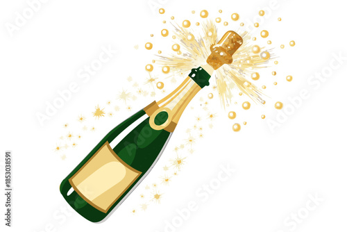Flat design drawing of a champagne bottle just opened, cork in midair above the neck, champagne foam and effervescent gold bubbles exploding outward in both directions