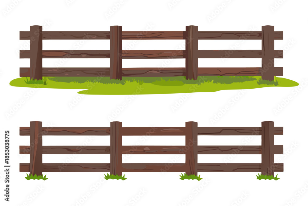 Obraz premium Parallel wooden fence graphic High-contrast dark rustic wood fence and light-orange picket fence on green lawn strips, white background.