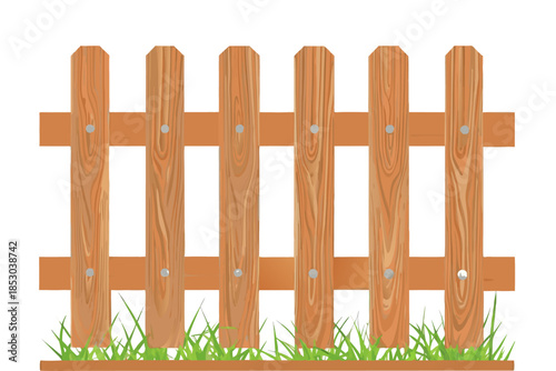 Minimalist cartoon-style wooden garden fence in warm brown tones, evenly spaced vertical boards and two horizontal supports
