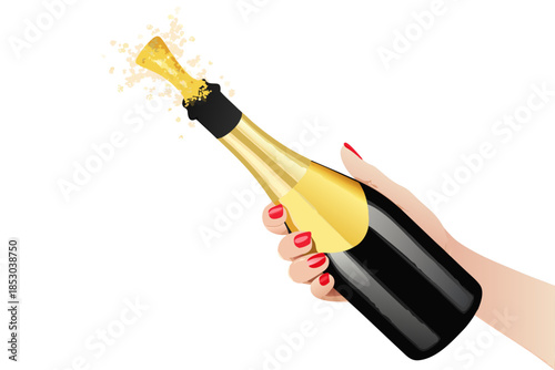 Minimalist celebration scene single champagne bottle in a woman’s hand with red nails, cork exploding out, pale golden champagne splash frozen in motion, high-contrast vector 