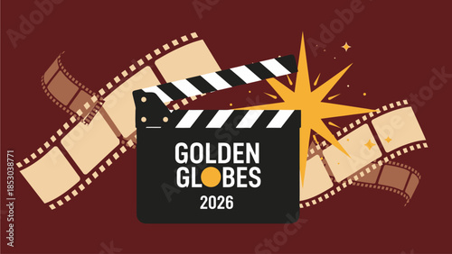 A bold flat design illustration of a clapperboard featuring 'Golden Globes 2026', representing the heart of the film and television industry. Its clean, iconic style is perfect for event promotion