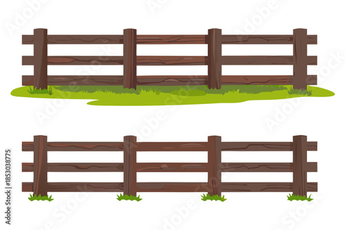 Parallel wooden fence graphic High-contrast dark rustic wood fence and light-orange picket fence on green lawn strips, white background.