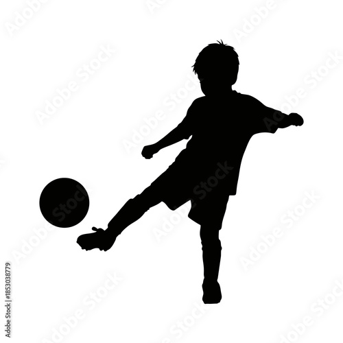 silhouette of a boy playing soccer against a white background