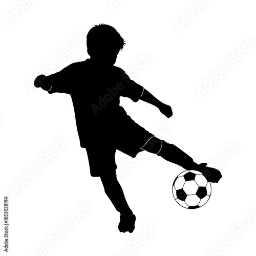silhouette of a boy playing soccer against a white background