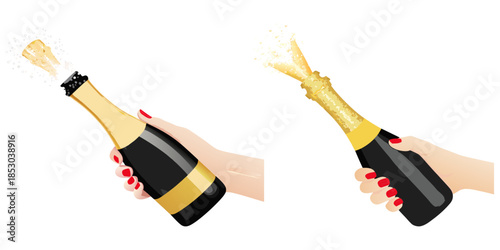 Vector art of an opened champagne bottle in a female hand with red nail polish, black bottle body, yellow-gold neck wrap, cork shooting upward and bubbly champagne spraying dramatically,
