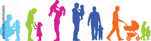 Human life cycle silhouette illustration showing growth from childhood to adulthood and parenthood representing family, aging, development, and life stages concept