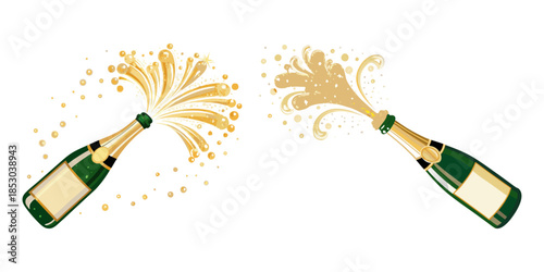 Vector illustration of an uncorked green champagne bottle with gold foil neck, blank beige label, and sparkling champagne bursting out in a wide curved spray of golden bubbles