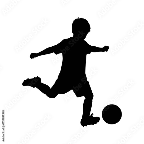 silhouette of a boy playing soccer against a white background
