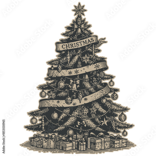 Vintage Christmas Tree Illustration with Ornaments, Ribbons, and Gift Boxes Underneath