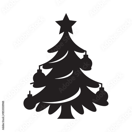 A simple black silhouette of a decorated christmas tree with a star topper