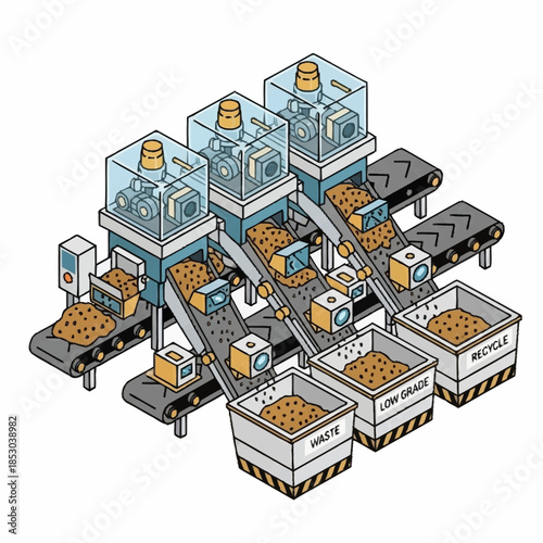 Automated sorting system with conveyor belts processing materials into different waste streams.