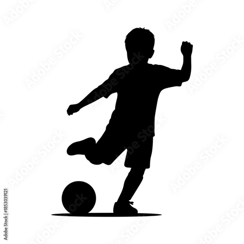 silhouette of a boy playing soccer against a white background