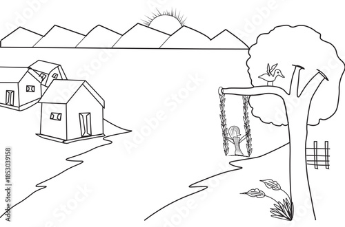 Line art of a beautiful scene of distant mountains, sunrise, and a little girl swinging on a swing under a tree.