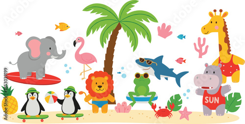 Cute summer safari and beach animals vector illustration set with tropical wildlife ocean creatures and cartoon characters