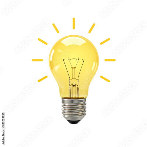 Bright idea concept with glowing incandescent light bulb and radiating rays of light on a transparent background