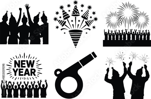 Festive new year silhouette design with sparkling elements on transparent background high quality professional