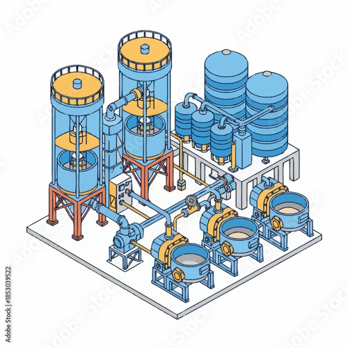 Industrial water treatment plant isometric illustration with tanks and machinery.