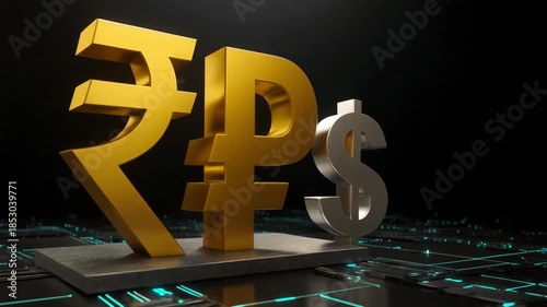 Cinematic animation of the Rupee currency symbol growing faster than the Dollar, symbolizing strong economic growth and market dominance, AI generated.