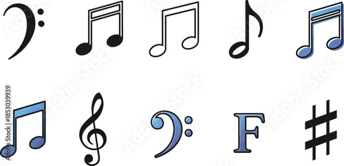 Various music notes arrangement with treble and bass clefs on white background