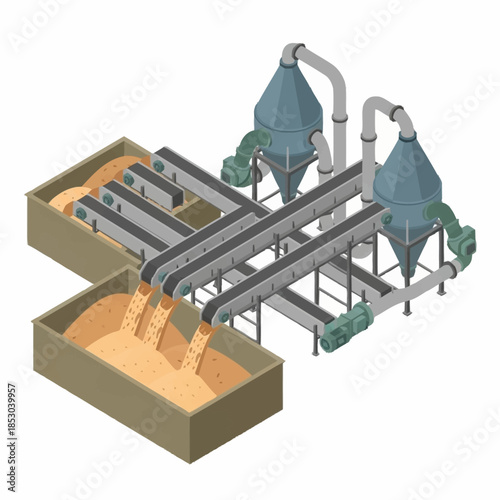Isometric Industrial Conveyor System with Material Processing and Storage.