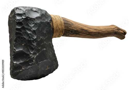 A primitive paleolithic hand axe with a flint head and wooden handle, isolated on a pure white background. Concept of archaeology and prehistory