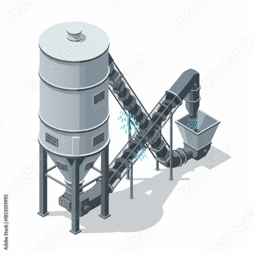 Isometric Industrial Grain Silo and Conveyor System.